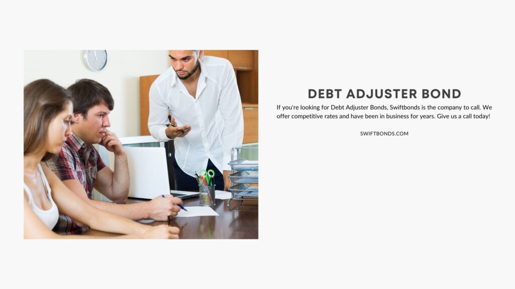 Debt Adjuster Bond - Couple talking to a debt ajuster person in the office.