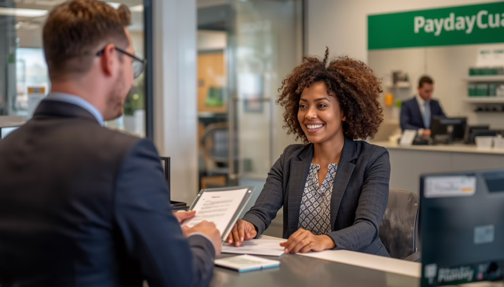 Professional customer discussing California Deferred Deposit Transaction Law License Bond requirements with payday loan office representative
