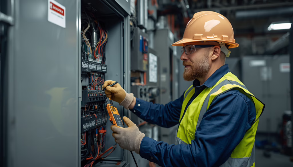 Licensed Delaware master electrician testing electrical systems and circuit breakers while meeting bonding and safety requirements.