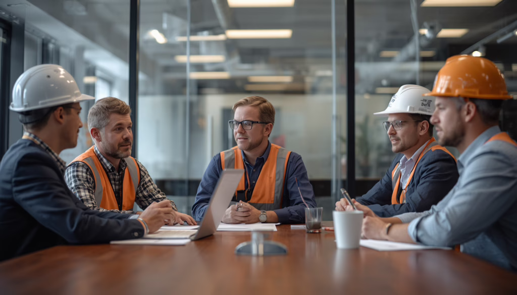 Construction managers and union members collaborating on Electrical Workers Union 1186 Fringe Benefits Bond obligations, employee compensation, and benefit fund management.