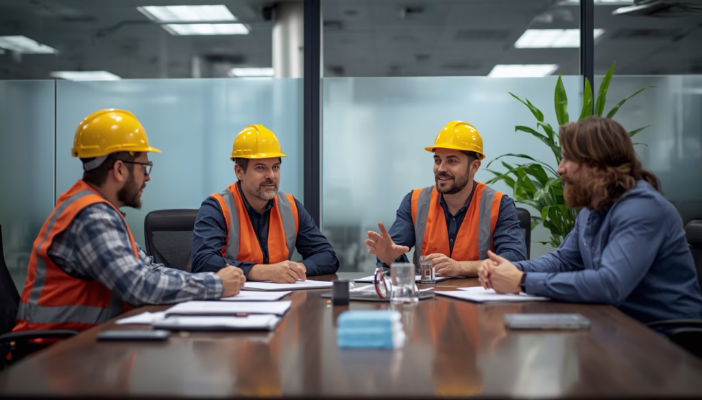 Electrical industry professionals meeting to coordinate Electrical Workers Union 1186 Fringe Benefits Bond contributions, fringe benefits payments, and workforce compliance.
