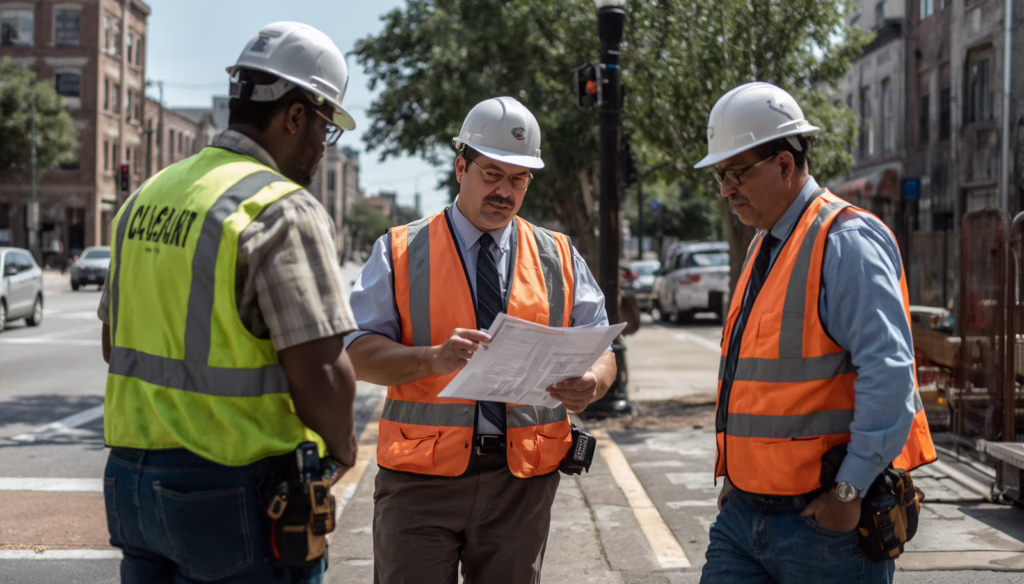 Construction supervisors reviewing permit documents and site conditions for a Selma, CA Encroachment Permit Bond project along a public roadway.
