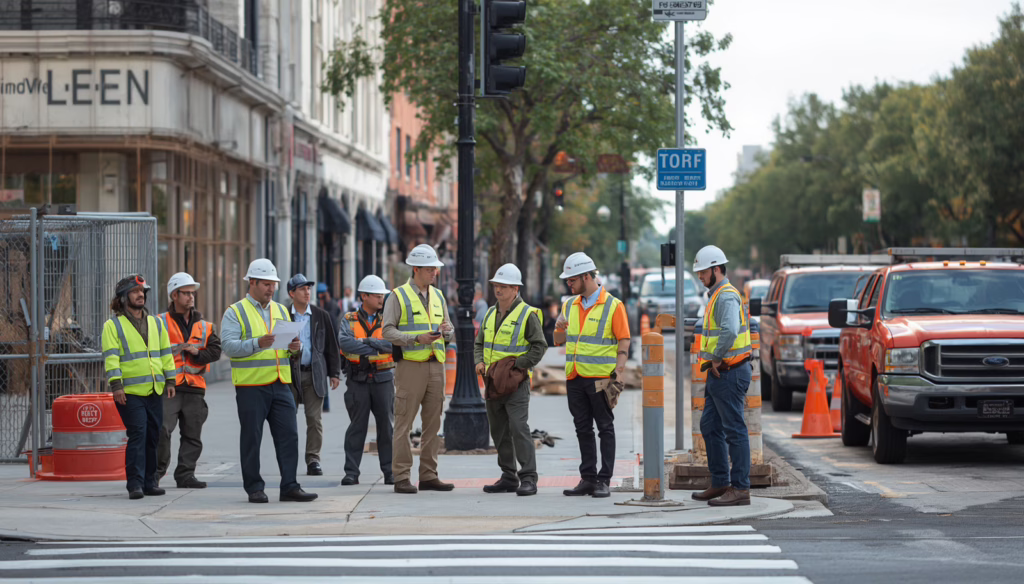 Road construction crew coordinating public right-of-way work covered under the Selma, CA Encroachment Permit Bond requirements.