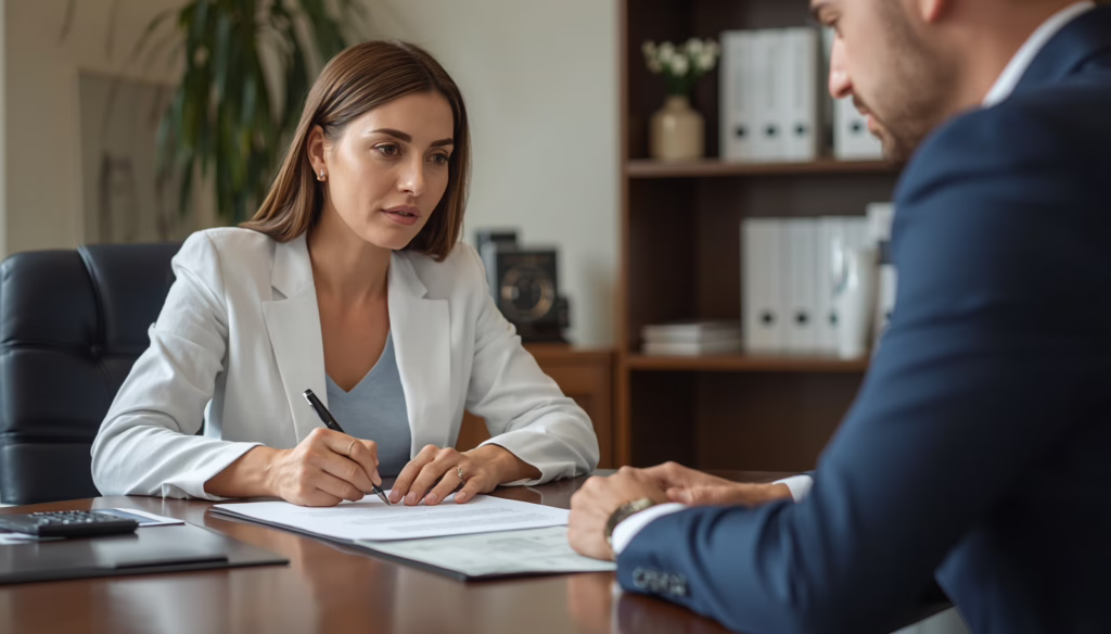 California escrow license applicant discussing escrow bond paperwork and compliance requirements with a financial professional.
