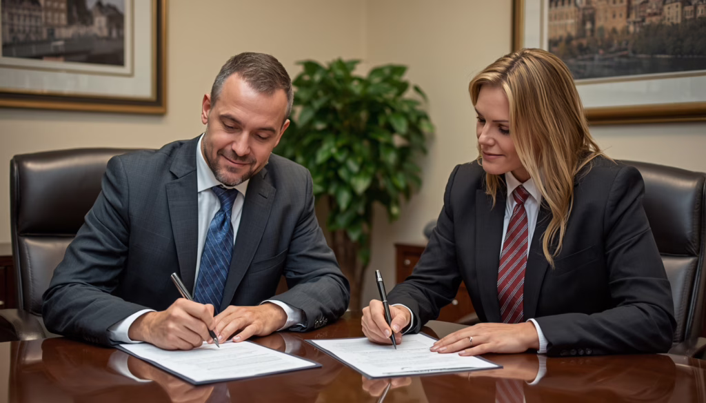 California Escrow Licensee Bond signing meeting between escrow professionals reviewing licensing and surety bond documents in a corporate office.