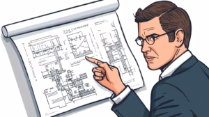 Engineer pointing to excavation blueprints illustrating compliance with Winchester CT excavation regulations and bonding requirements