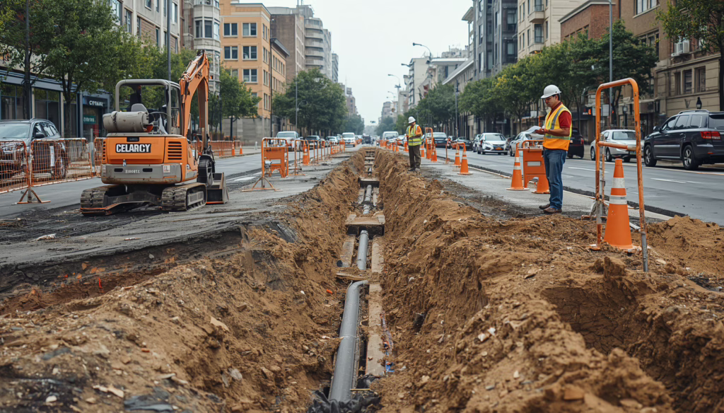 Denver, CO Excavation Permit Bond contractor excavating city street trench with underground utility installation and traffic control measures