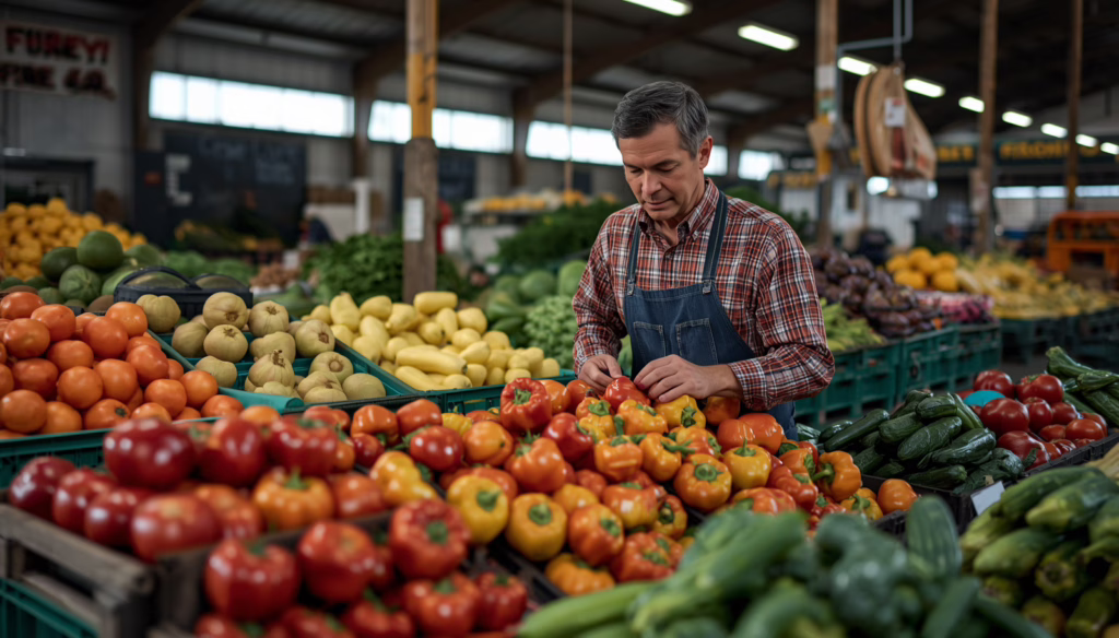 California produce dealer inspecting fresh farm products at a wholesale produce market under Produce Dealers Act bond compliance