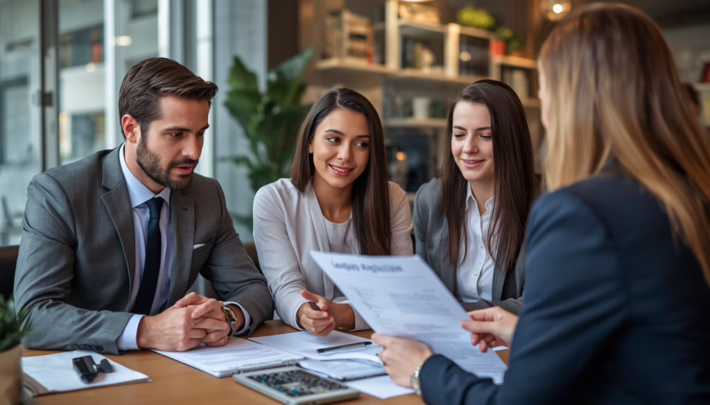 Business professionals reviewing California finance lender and broker bond documents during a financial licensing consultation meeting.