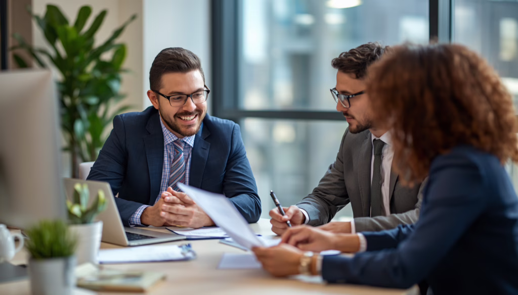 California finance lender and broker bond consultation meeting discussing loan compliance and licensing requirements with financial professionals.