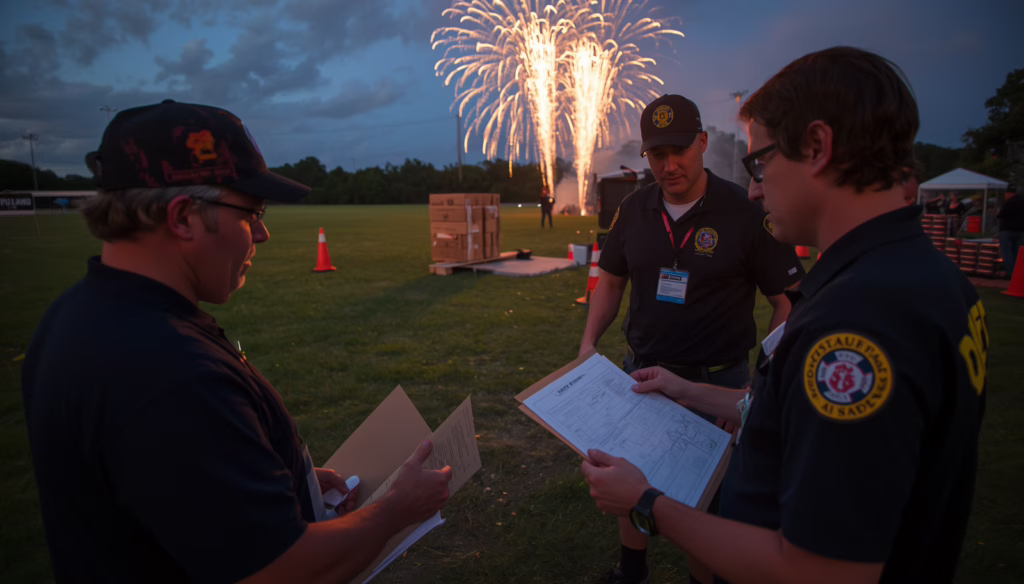 Fireworks display permit bond inspection team reviewing safety documentation and permit compliance before a public fireworks event in Colorado.