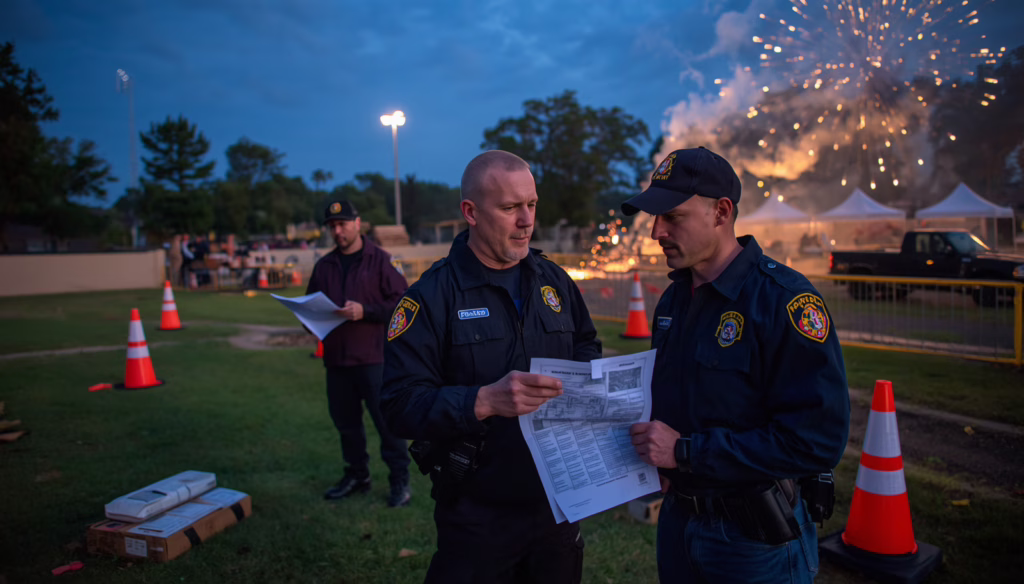 Colorado fireworks display permit bond inspectors conducting a pre-event safety review and permit verification for a licensed fireworks show.