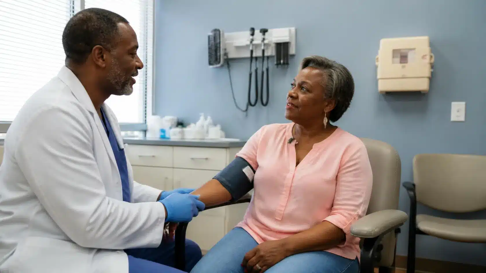 Healthcare provider consulting with a senior patient under Florida Medicaid Provider Bond compliance requirements.