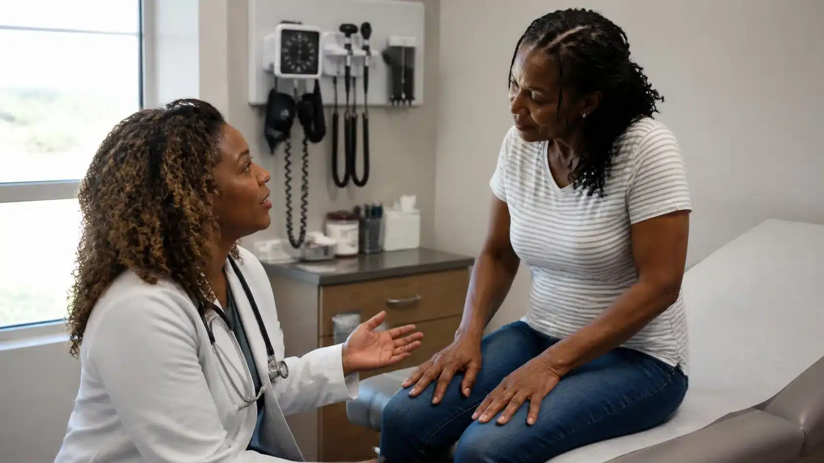 Doctor conducting a patient examination in a clinic participating in the Florida Medicaid Provider Bond program.