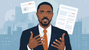 Business professional presenting documents about license and permit bond compliance in an urban office setting.