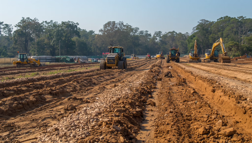 SEO alt text for large-scale Oakland, CA erosion control and grading project with excavators, bulldozers, and site preparation equipment