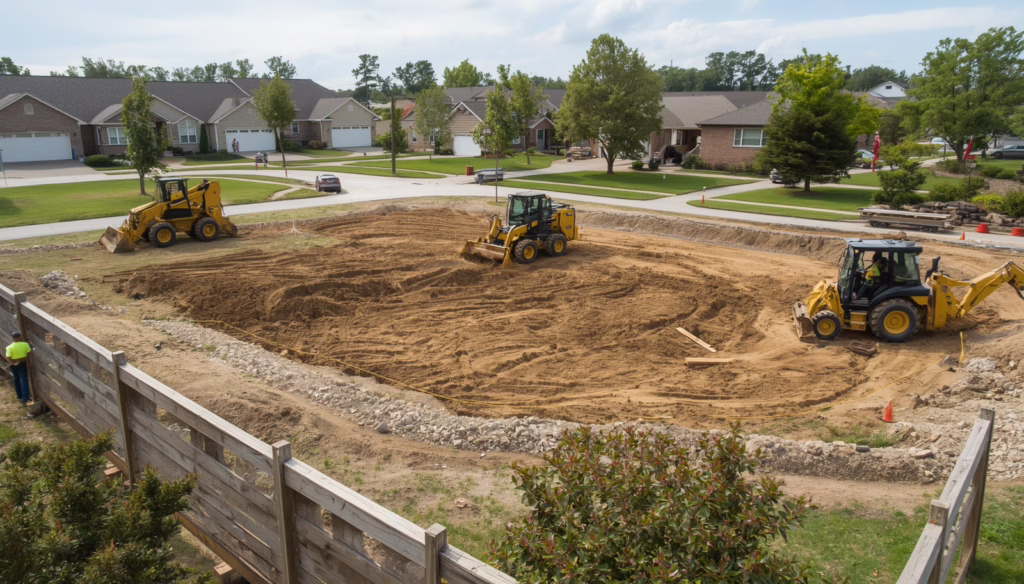 SEO alt text for grading permit construction site with heavy equipment performing land excavation and earth-moving work for residential development project