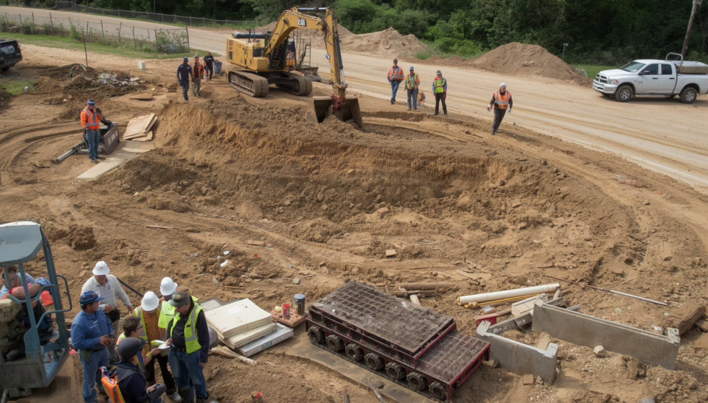 SEO alt text for Sausalito CA grading permit bond excavation project with contractors inspecting large-scale grading and site preparation work