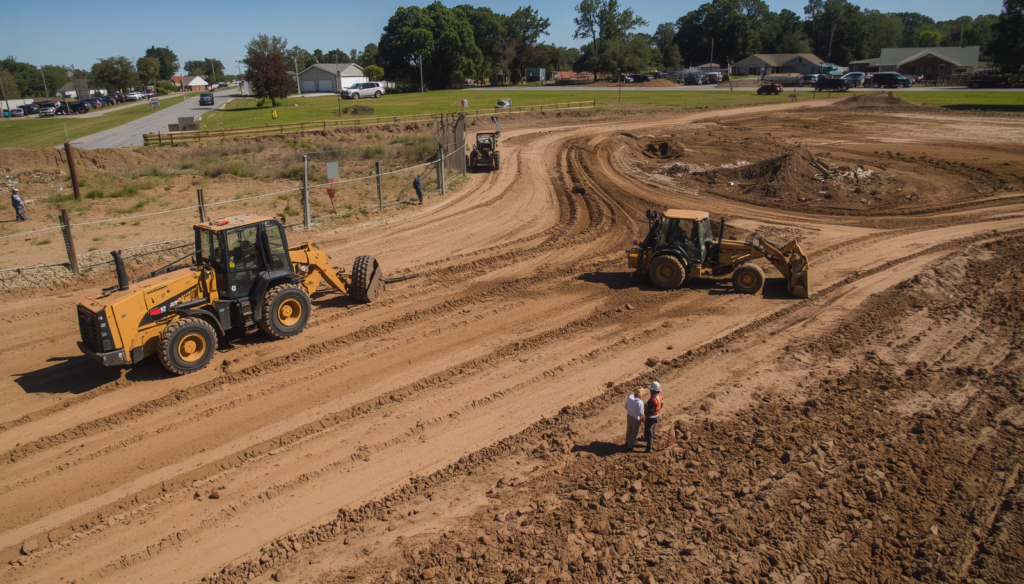 SEO alt text for residential land grading and excavation project requiring grading permit bond with bulldozers and contractors on active construction site