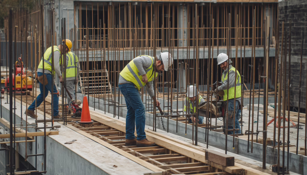 Licensed construction crew assembling reinforced building supports and formwork at a commercial job site in Hawaii.