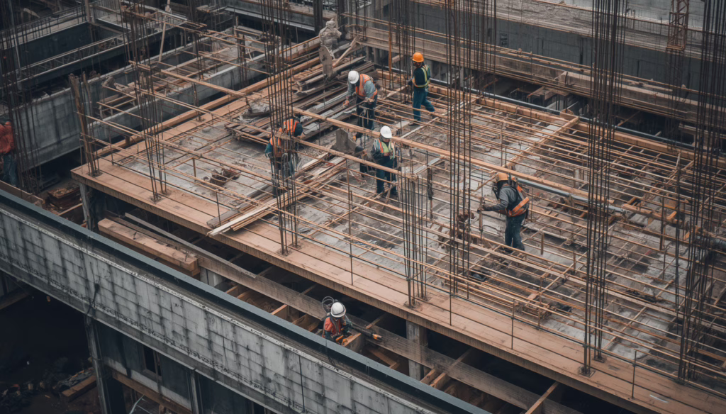 Elevated view of contractors performing structural framework and concrete construction work covered by Hawaii Contractor License Bond regulations.