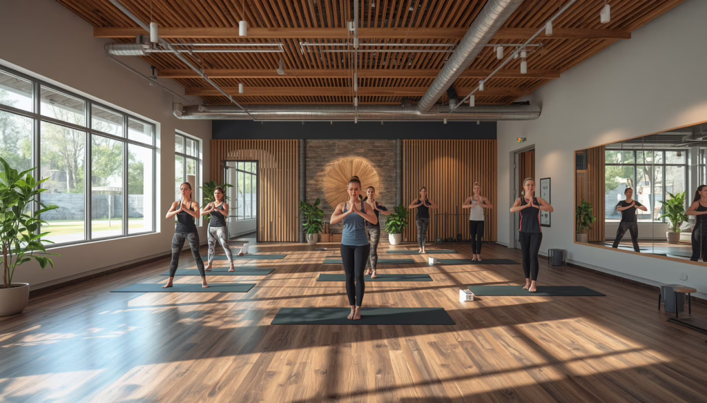 Health studio members attending a wellness and fitness training session inside a modern California gym facility with open studio space