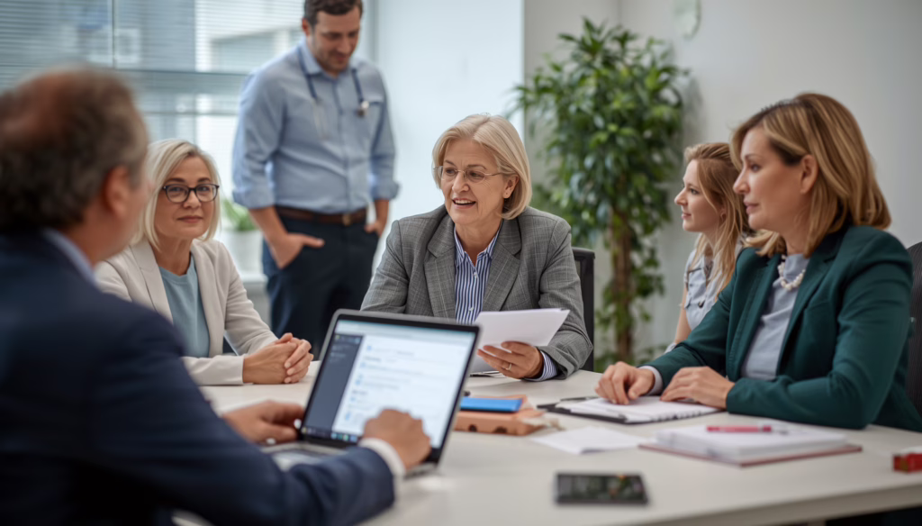 Home care administrators and healthcare professionals reviewing California employee dishonesty bond documentation and licensing regulations in an office setting