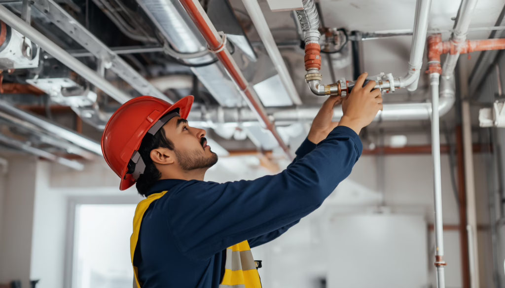 Licensed Idaho fire protection sprinkler contractor performing pipe fitting and sprinkler system installation for commercial fire safety protection.