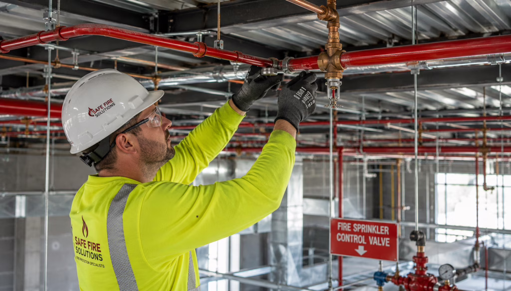 Professional fire protection sprinkler contractor adjusting sprinkler heads and red fire protection piping to meet Idaho code requirements.