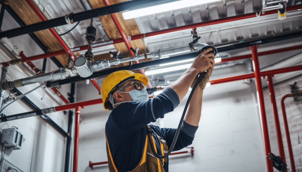 Fire protection sprinkler contractor inspecting and testing overhead fire sprinkler piping systems in a commercial building for Idaho fire safety compliance.