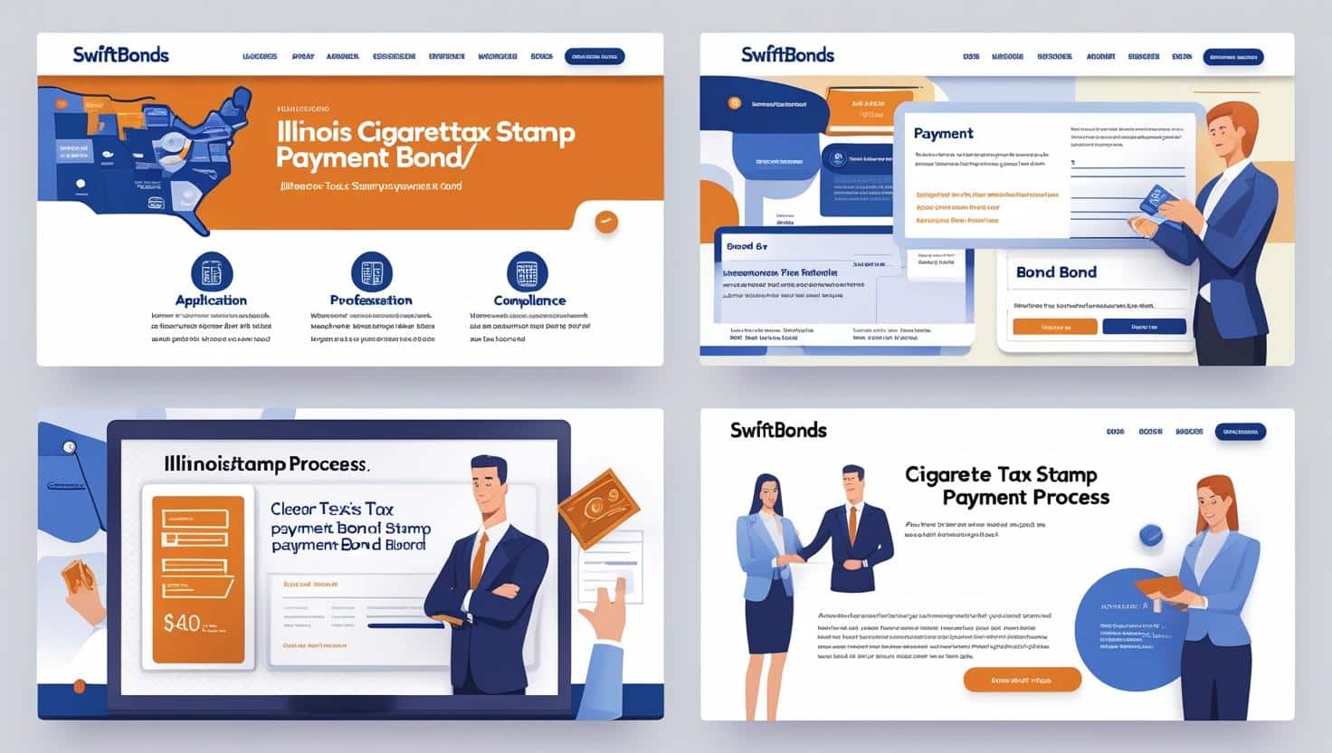 Step-by-step illustration of Illinois cigarette tax stamp payment bond application and compliance.