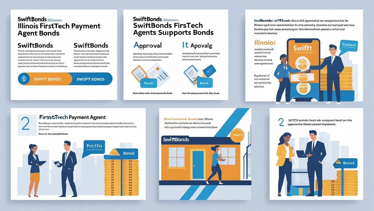 Step-by-step infographic showing how Swiftbonds supports Illinois FirstTech Payment Agent Bond compliance.