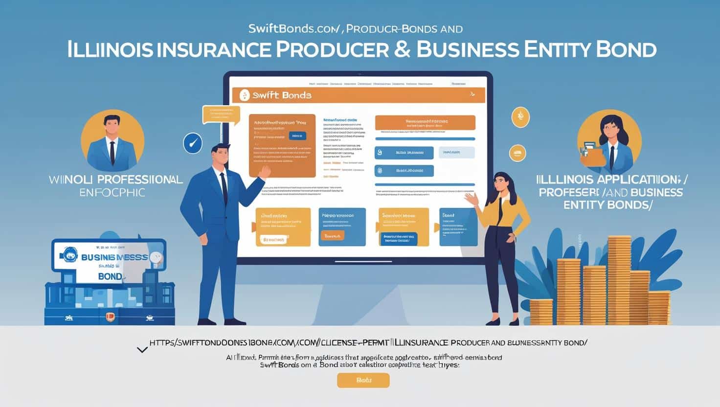 Multiple webpage mockups detailing Swiftbonds' Illinois Insurance Producer Entity Bonds.