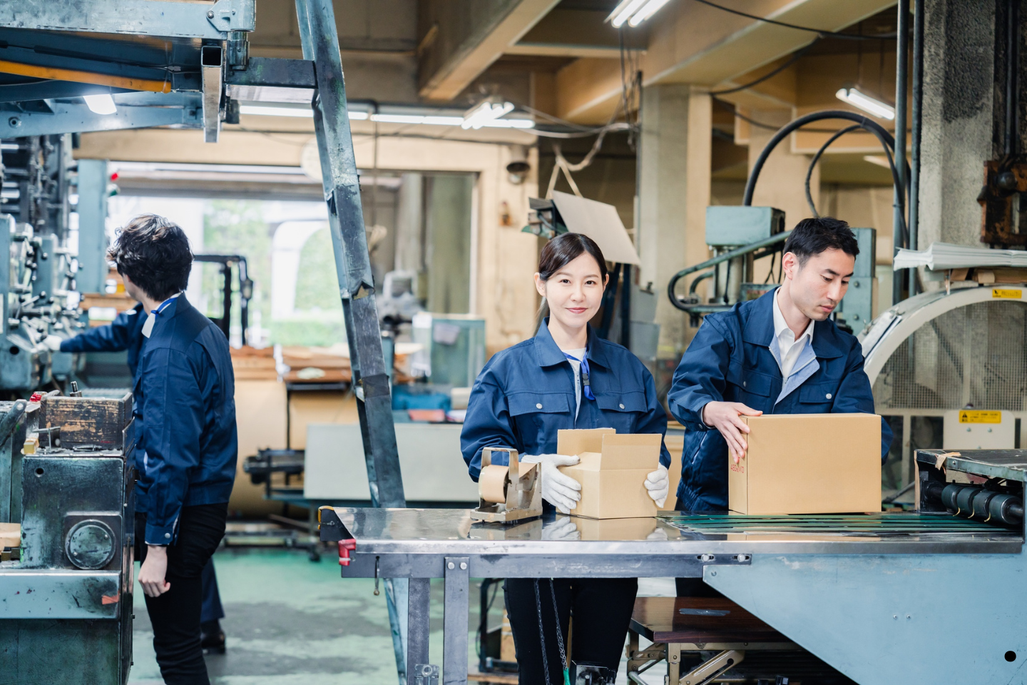 Factory employees in navy work jackets assembling and packing boxes on an industrial production line.