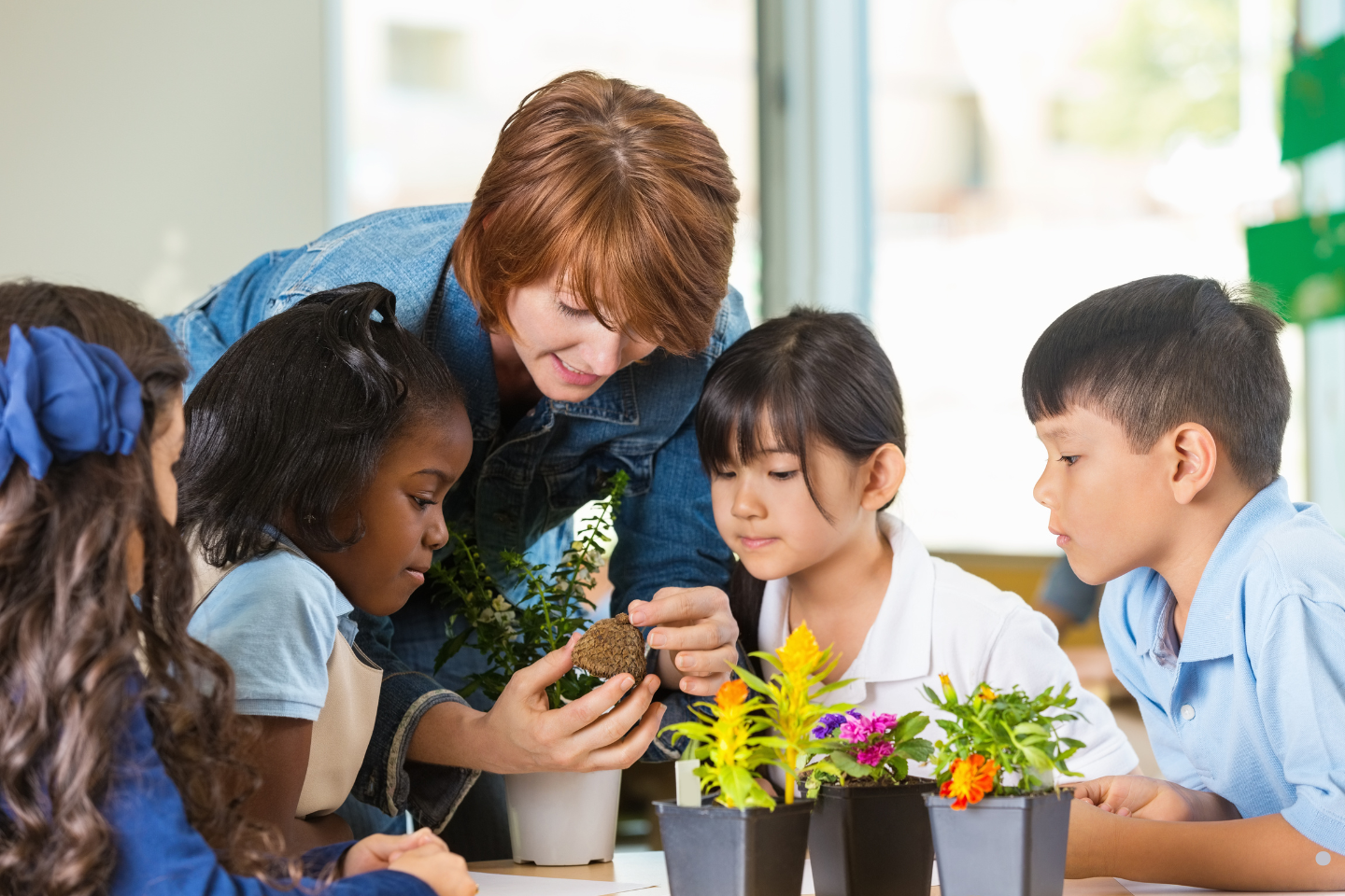 A teacher helping young students examine plants during a hands-on classroom activity.