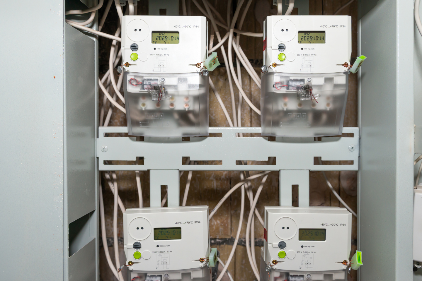 Indoor panel with multiple digital electric meters and wiring.