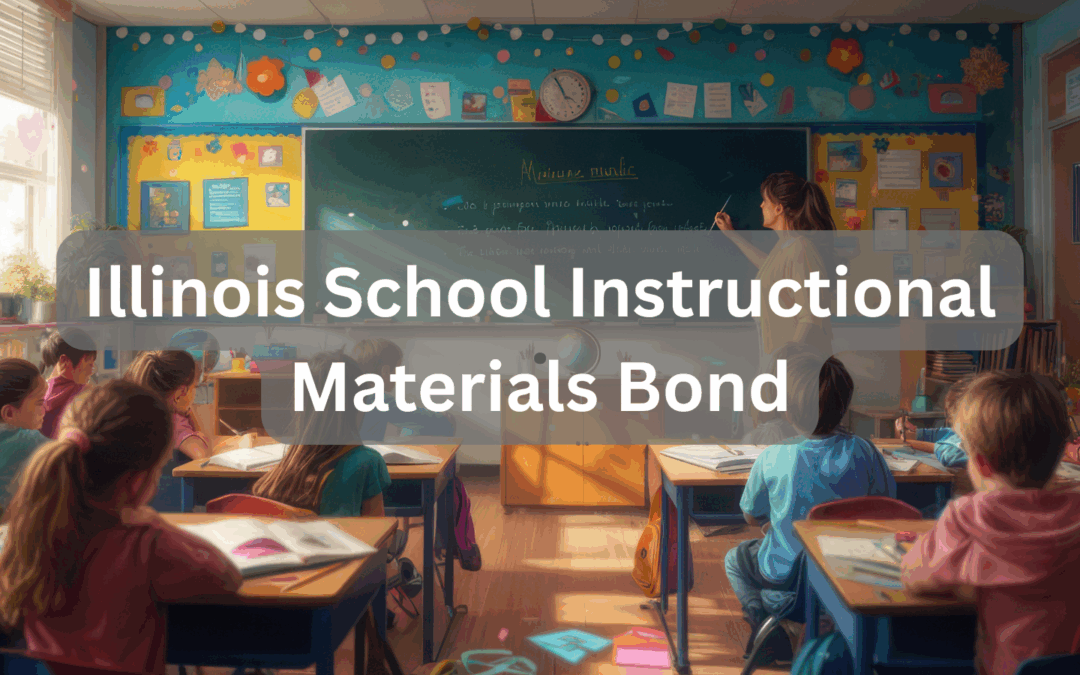 Elementary classroom with a teacher instructing students under the title “Illinois School Instructional Materials Bond.”