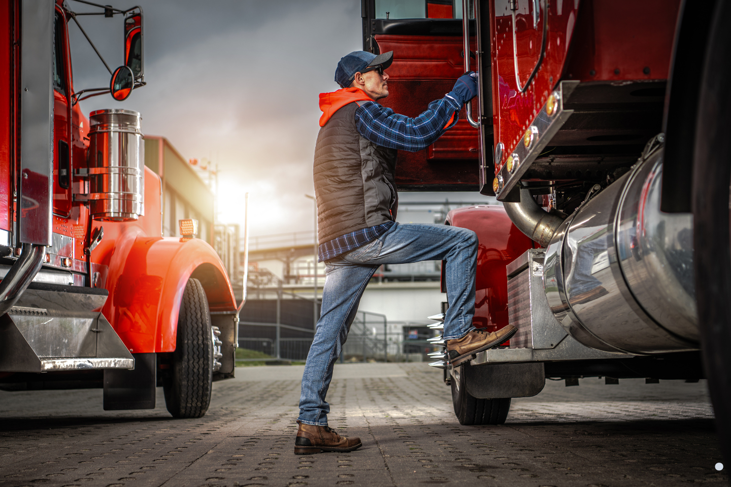 Truck driver climbing into a commercial vehicle, symbolizing licensed hauling activity and compliance with permit requirements.