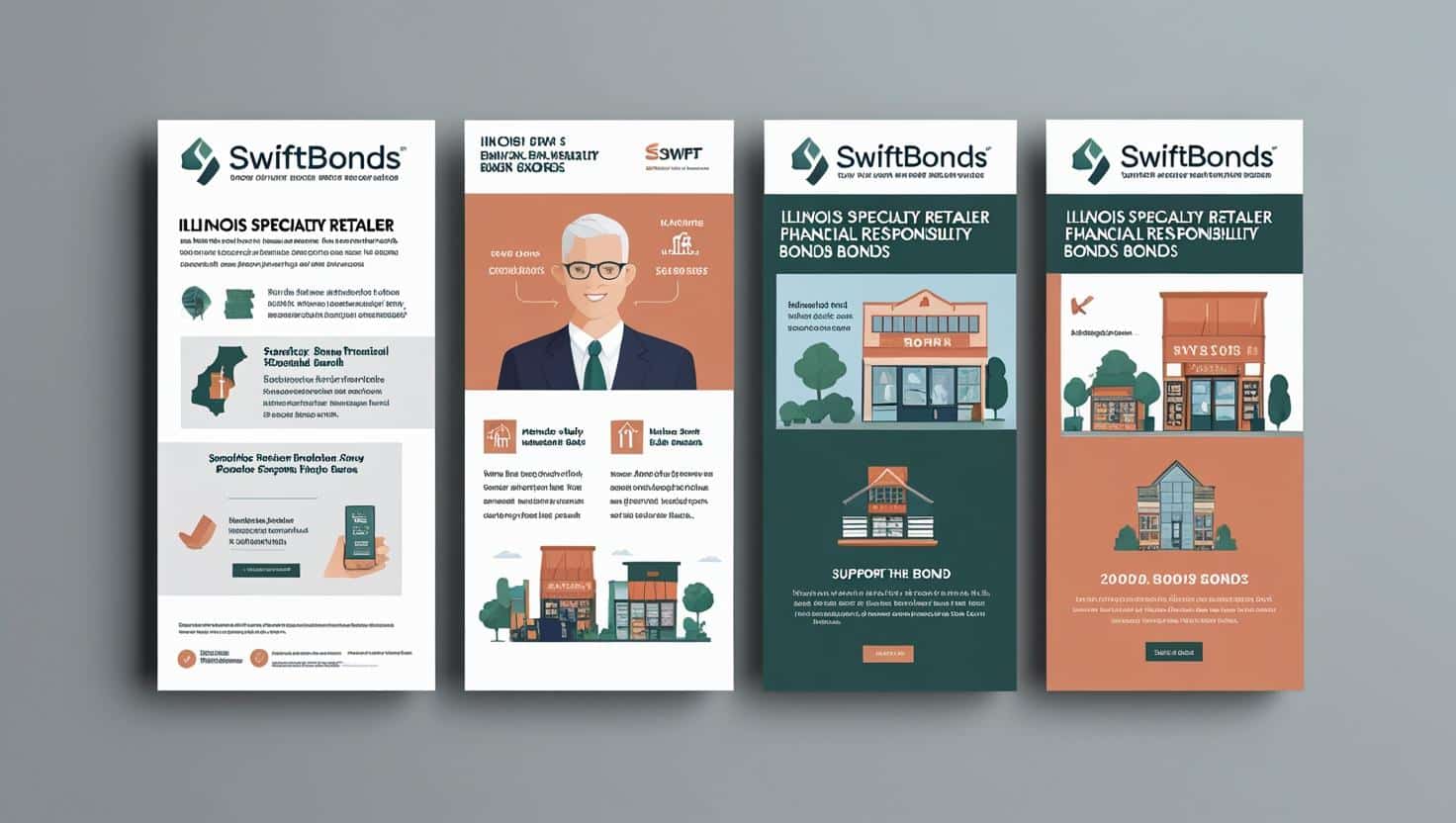Swiftbonds Illinois Specialty Retailer Financial Responsibility Bond flyer with illustrations and key facts.