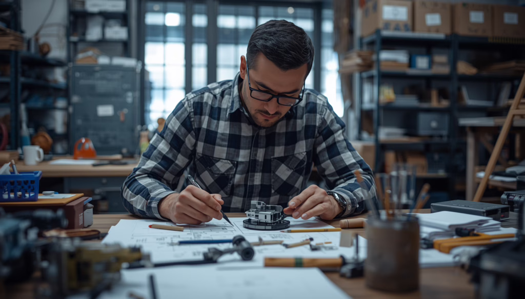 California invention developer drafting a new product prototype design while meeting business compliance and surety bond requirements.