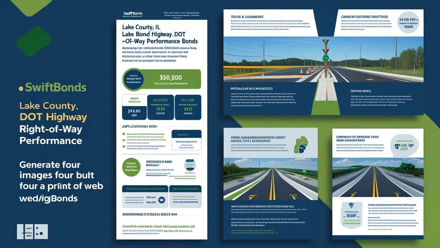 Bond process infographic with roadway illustrations explaining Lake County, IL highway right-of-way performance standards.