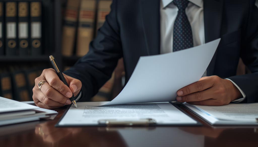 Close-up of California Legal Document Assistant preparing and reviewing official legal documents for client filing assistance