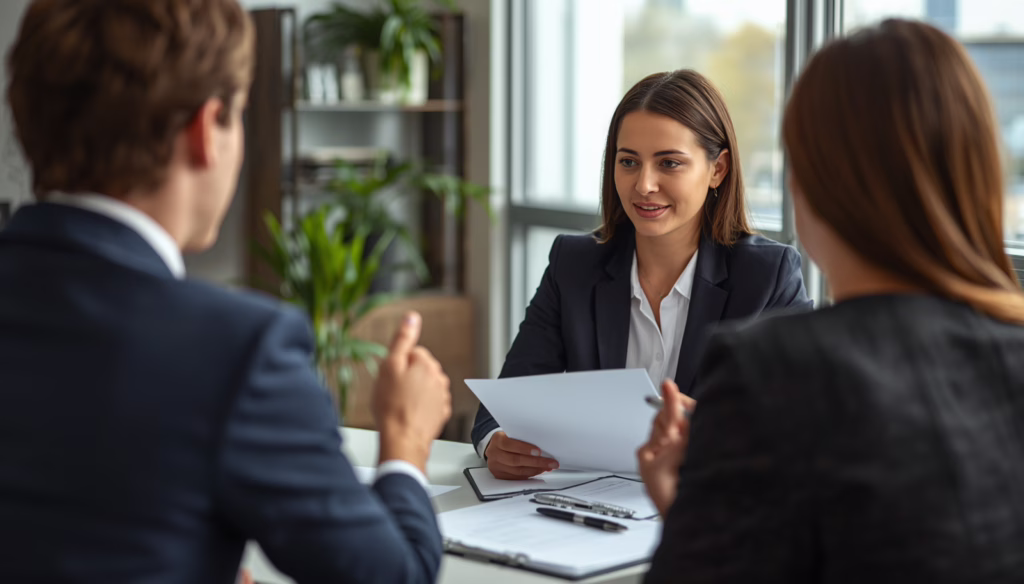Professional California Legal Document Assistant discussing legal forms and compliance documents with clients in an office setting