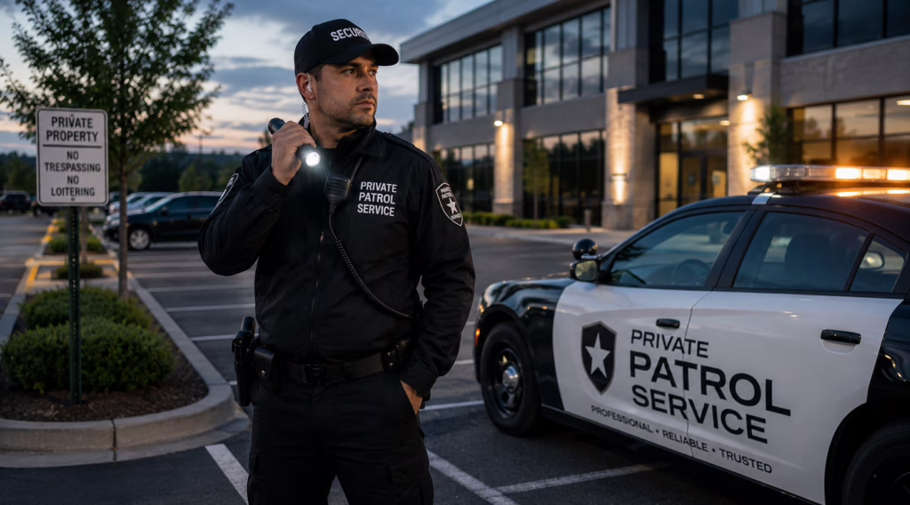 Private patrol service officer conducting nighttime property inspections in Lewiston, Idaho, showcasing professional security patrol operations protected by a Private Patrol Service Bond.