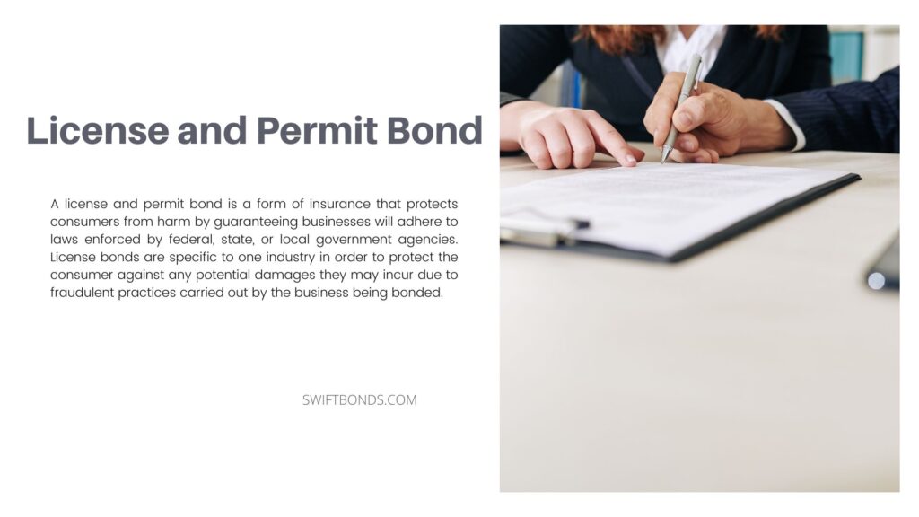 License and Permit Bond - Business owner having signing a document for license and permit on a white table.