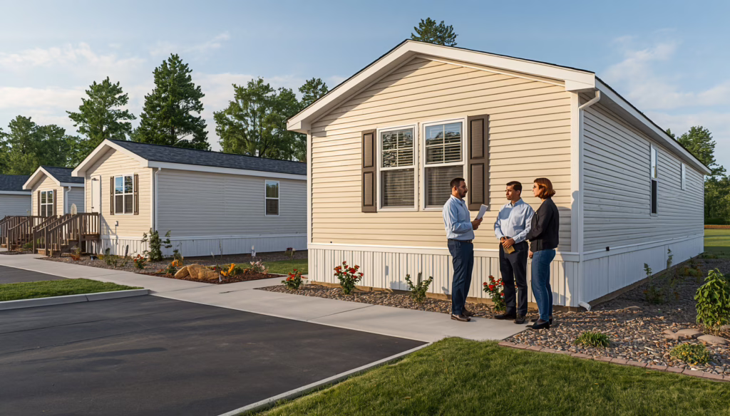 Colorado Home Sale Down Payment Manufactured Housing $50,000 Bond showing a manufactured home buyer reviewing purchase documents with a housing dealer in a residential community.