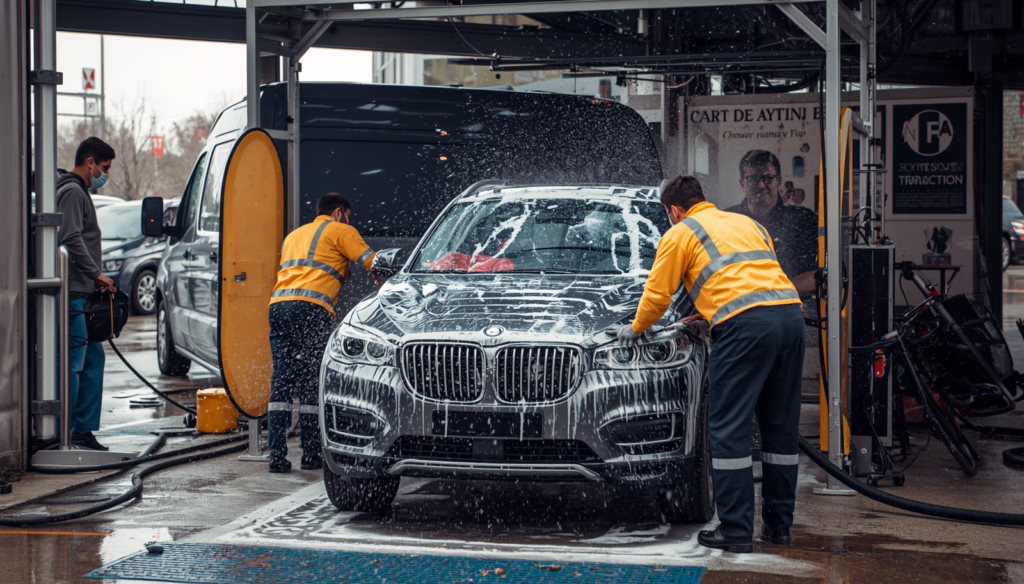 Mobile car washing technicians cleaning a luxury vehicle in Calabasas, California for Mobile Car Washing License Bond compliance and licensing services