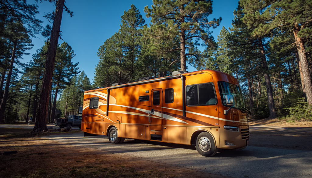 Orange motorhome parked in a forest campground representing California mobile home and recreational vehicle bond registration requirements