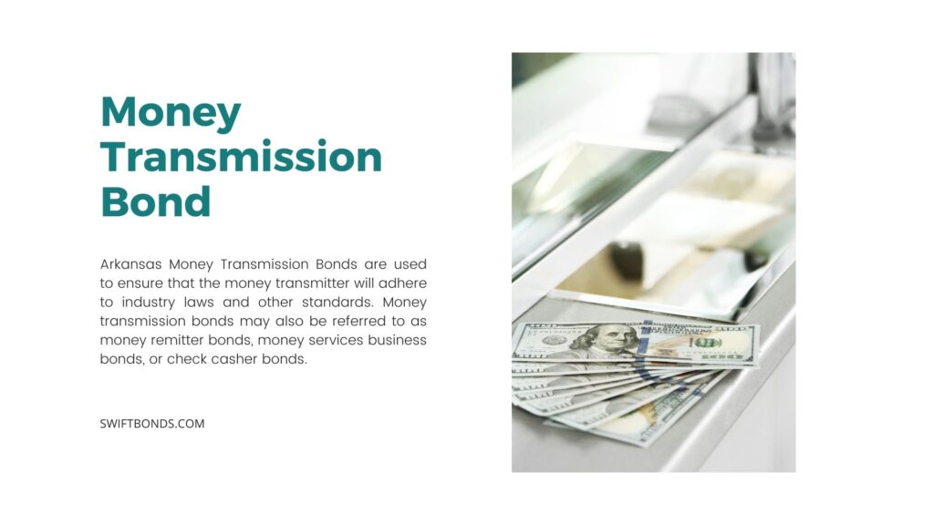Money Transmission Bond - Hundred dollar bills on surface near cashier window of money transmitter service.