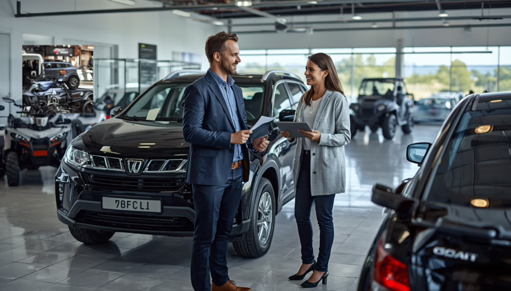 Colorado powersports vehicle salesperson discussing bonding requirements with a customer inside a licensed vehicle dealership showroom.